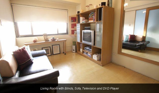 Living Room with blinds, television and DVD
