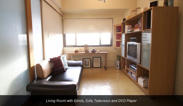 Living Room with blinds, television and DVD
