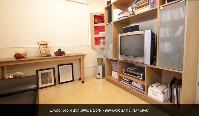 Living Room with blinds, television and DVD