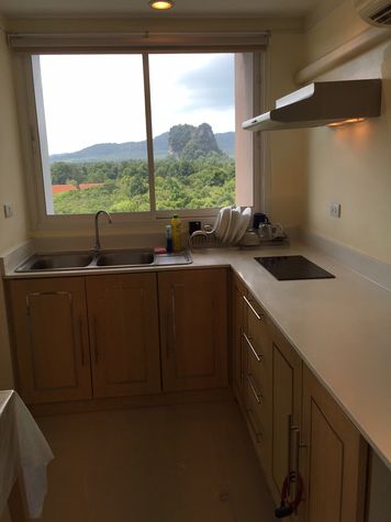 Kitchen with cooker, fridge, washing machine, micro wave