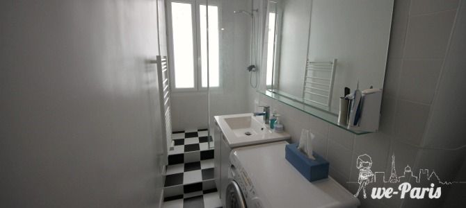 Paris Apartment Rental, Vacation in Paris
Bathroom is equipped with shower, sink, mirror, toilet and washing machine. #ParisApartmentRentals