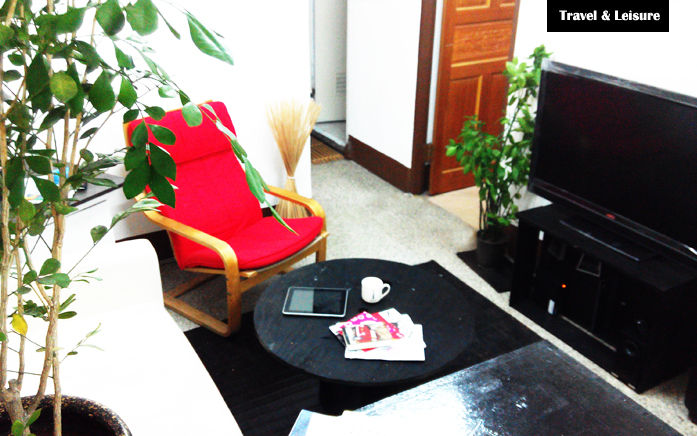 Our living room with large TV and cable