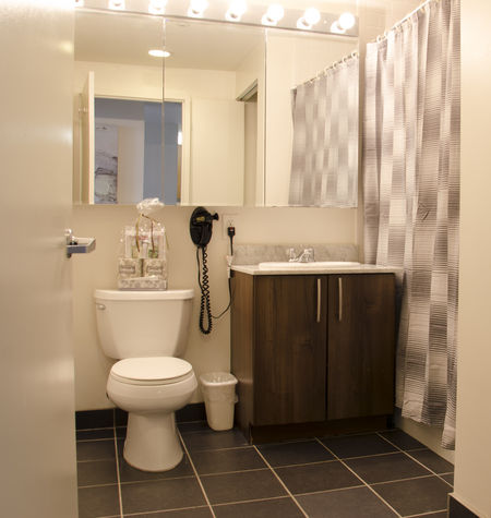Large bathroom with shower/tub combination; towels and toiletry samples provided