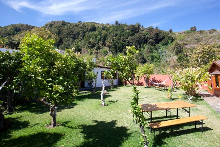 Tables to enjoy meals at the garden around oranges