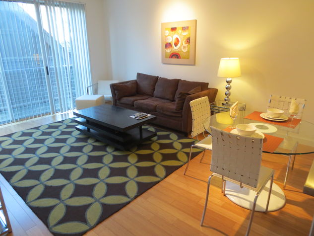 Comfortable living room with pullout sofa bed, club chair and floor to ceiling windows providing lovely natural light