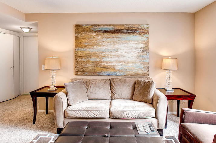 Comfortable living room with pullout sofa bed and club chair