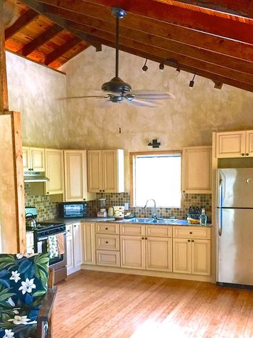 New appliances and loads of cupboard space to store your own groceries