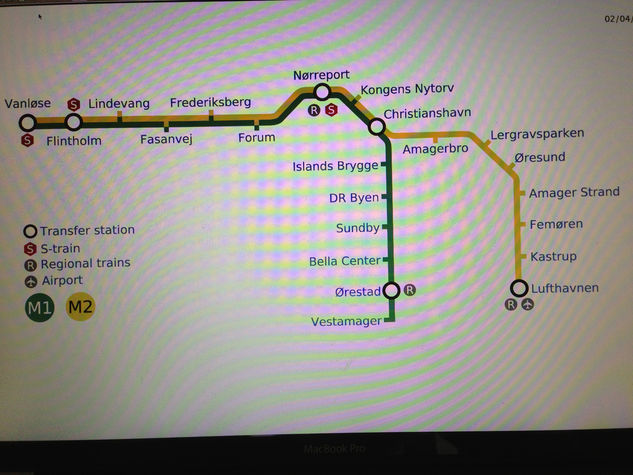 Metro Map, we are located at Christianshavn station, 6 stations from the airport, app. 12 minutes transfer.