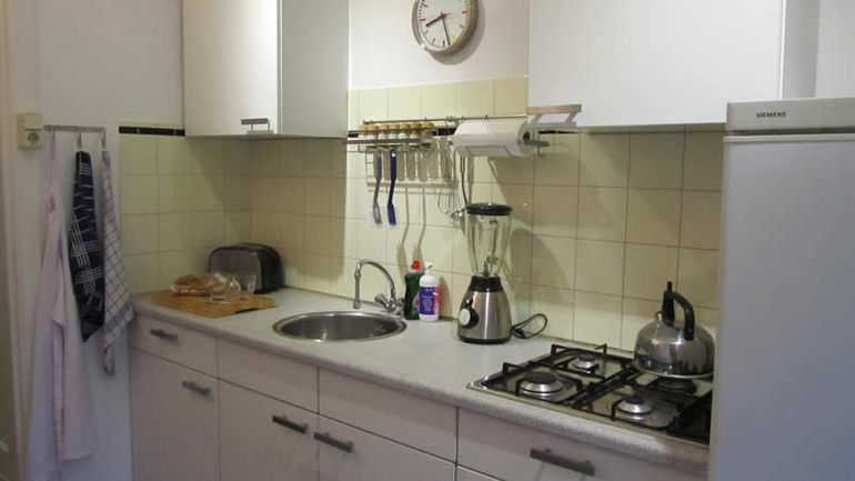 Fridge/freezer, utensils, etc
