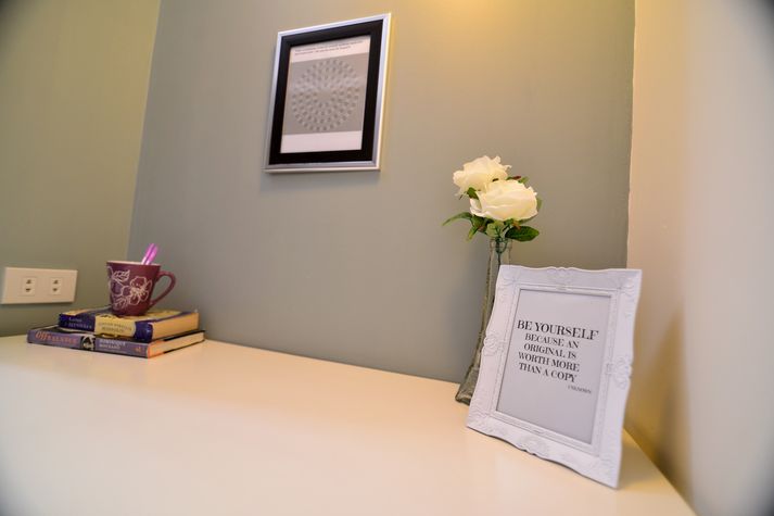 The study desk, something to read and do.
