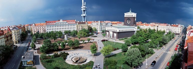 The Žižkov Television Tower and George of Poděbrad Square, 500m by walk , 2 stops by Tram 11 or 13, or 1 Metro stop from Namesti Miru