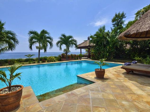 View from Villa to pool and beach