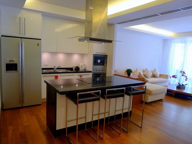 European style kitchen with big fridge, stove with a hood, oven and microwave oven