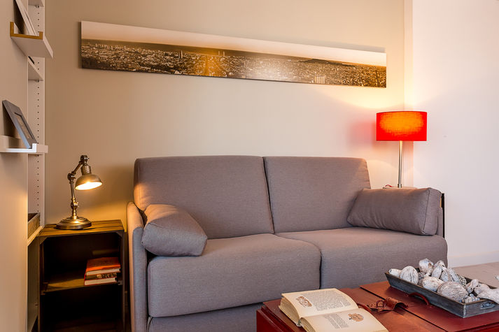 Living area with a double sofa bed