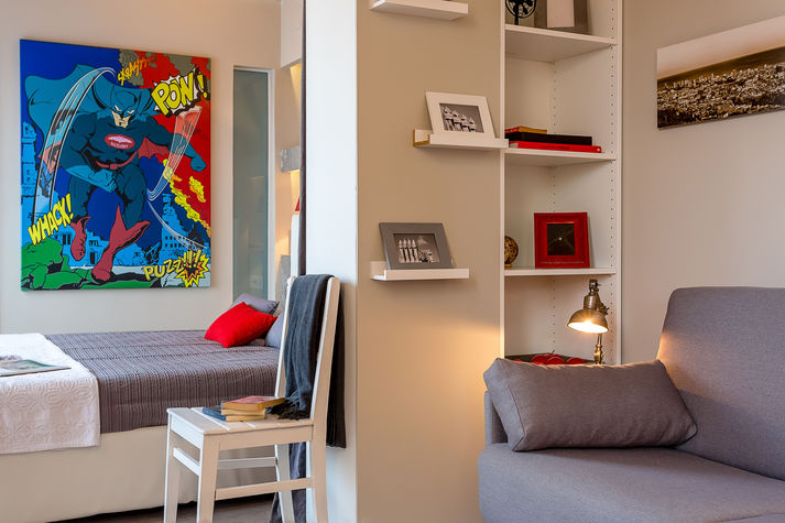 Living area with a double sofa bed