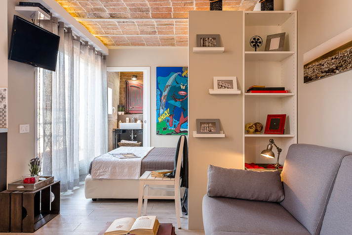 Living area with a double sofa bed