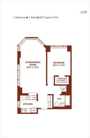 Sample floor plan for a 1 bed 1 bath apt
