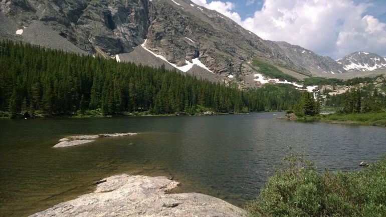 Serene lake at the Lower Blue Lakes Trail.