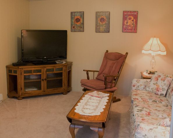 Large screen tv with cozy seating for 6.