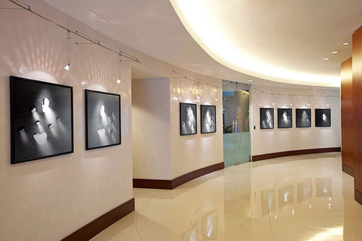 The hallways are distinctively decorated with contemporary artwork.