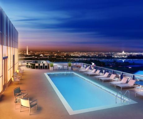The rooftop deck features a large pool.