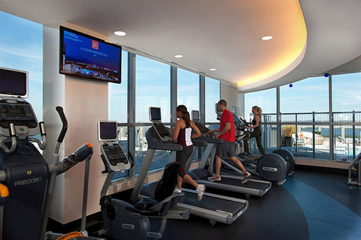 The Sky Club fitness center allows you to work out while enjoying view of Washington DC.