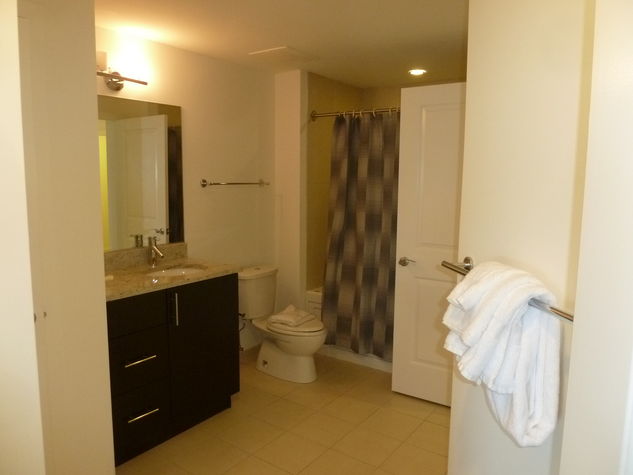 Large bathroom with shower/tub combination; towels and toiletry samples provided