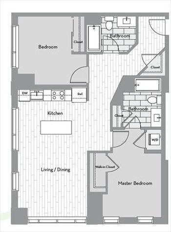 Sample floor plan for a 2 bed 2 bath apt