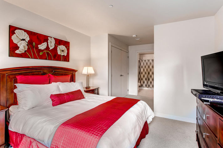 Master bathroom with dresser, flat screen TV and private bathroom access