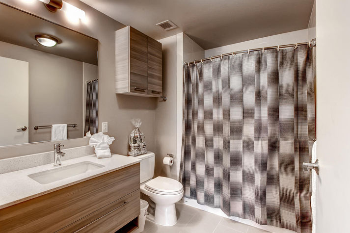 Master bathroom with shower/tub combination; towels and toiletries sample provided