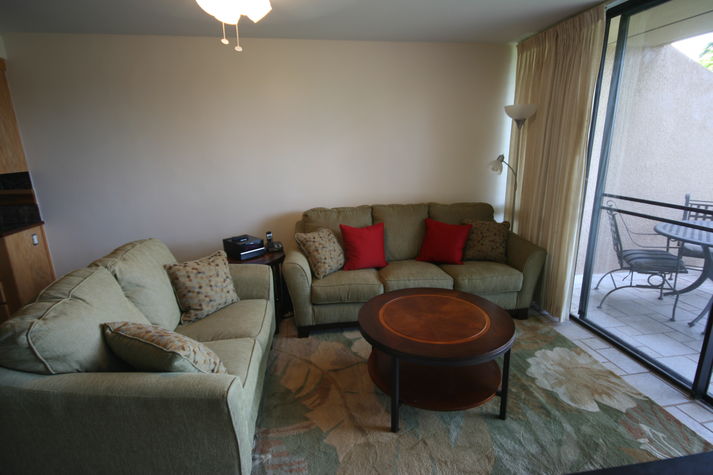 Living area opens to the tiled dining lanai and the open green space