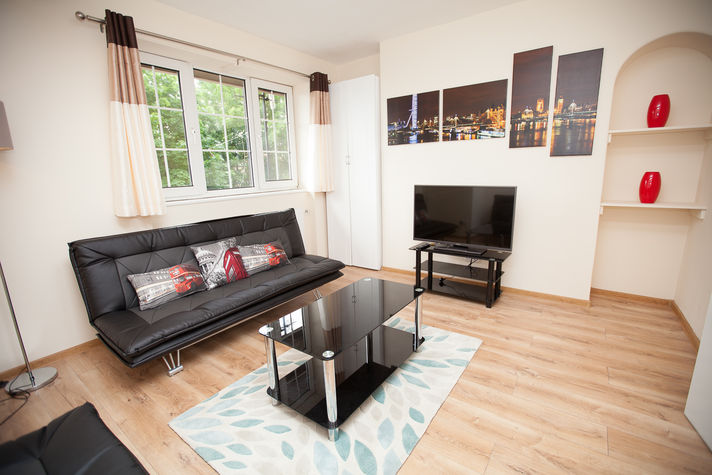 Living Room with TV, Glass Coffee Table, x2 Double