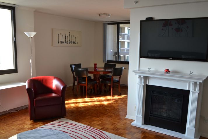 The dining room has views out of both sides of this corner unit.