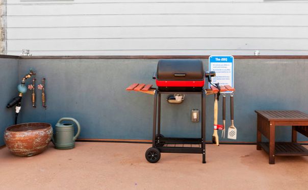 700 square foot deck with electric BBQ, seating, sun