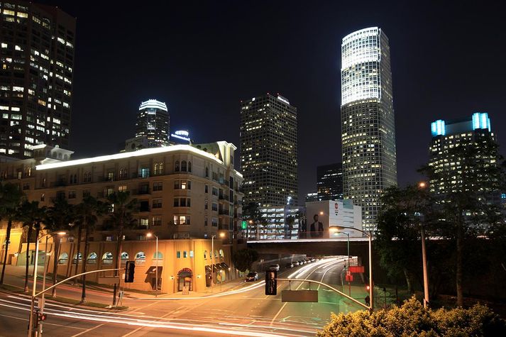 Street view: night time of downtown LA