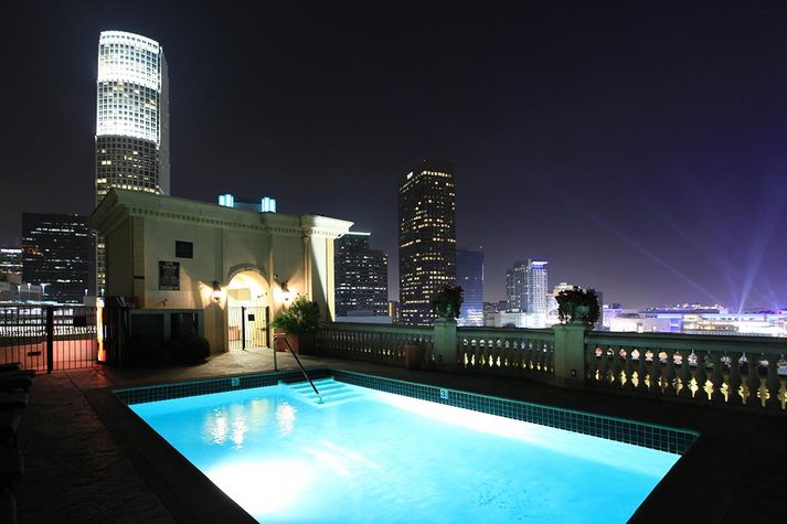 Night swim at the Rooftop pool with amazing view of DTLA