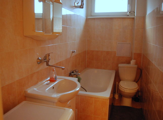 Full bathroom with bath tub and washing machine