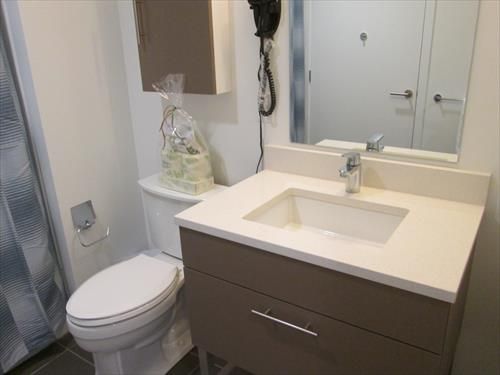 Large bathroom with shower/tub combination; towels and toiletry samples provided