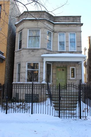 Street view of the building in winter time.