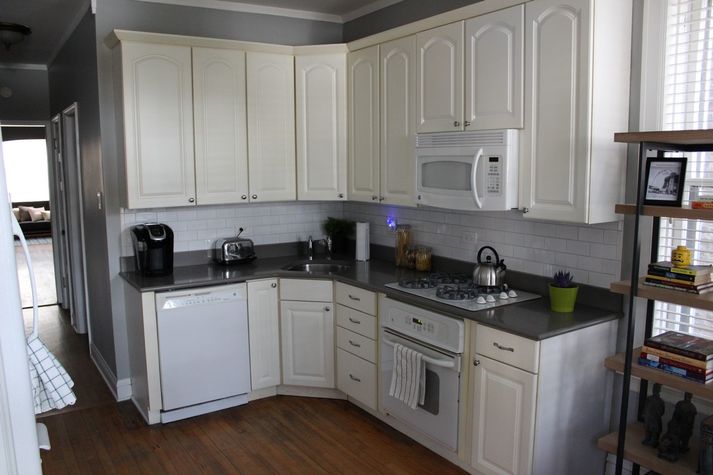 The kitchen, looking towards the living room.