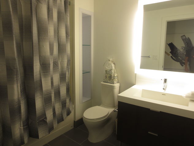 Large bathroom with shower/tub combination. Towels and toiletries samples provided