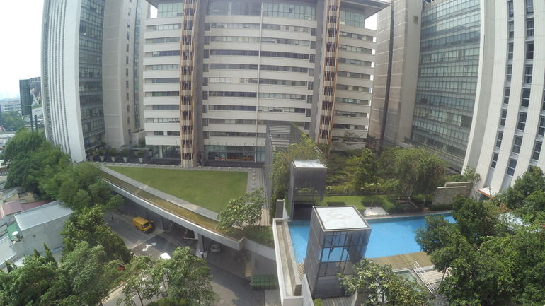 Overlooking the swimming pool from window